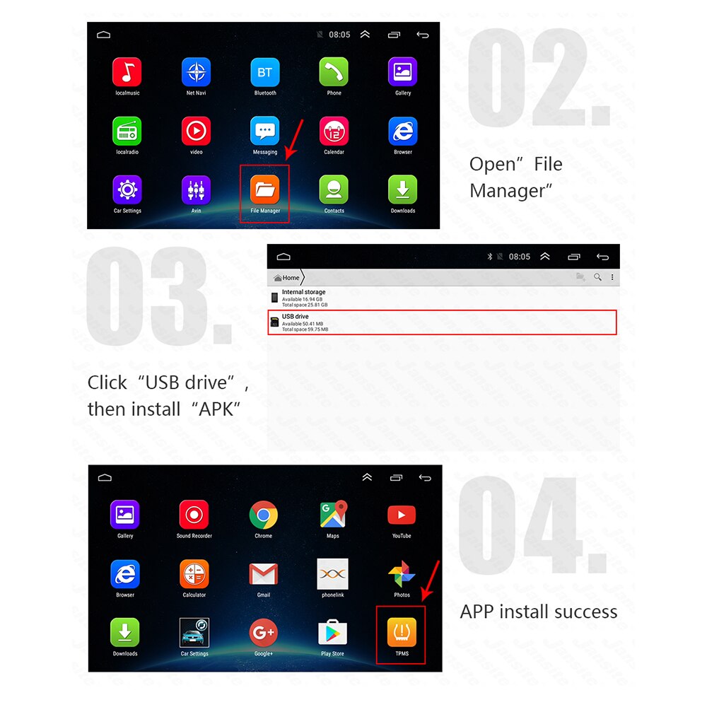 USB Android TPMS Tire Pressure Monitoring System Display Alarm System Internal Sensors Android Navigation Car Radio 4 Sensors