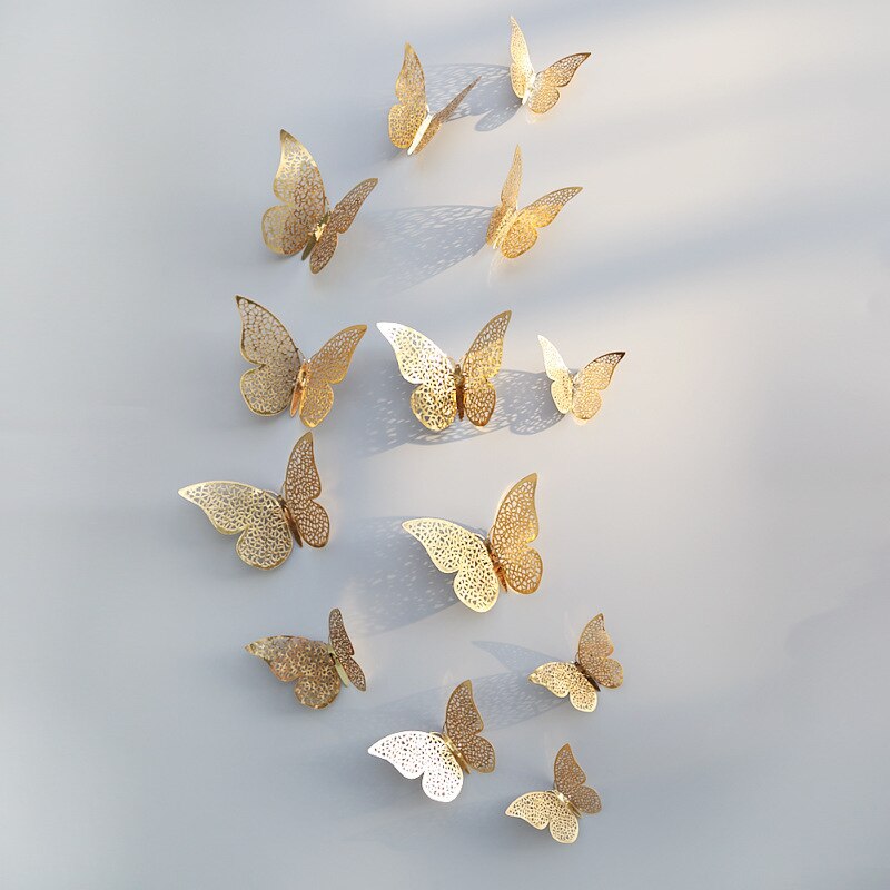 12 teile/los 3D PVC Schmetterling Zauberstab Aufkleber Kühlschrank Aufkleber für freundlicher Zimmer Dekoration und Badezimmer Dekor: Gold B