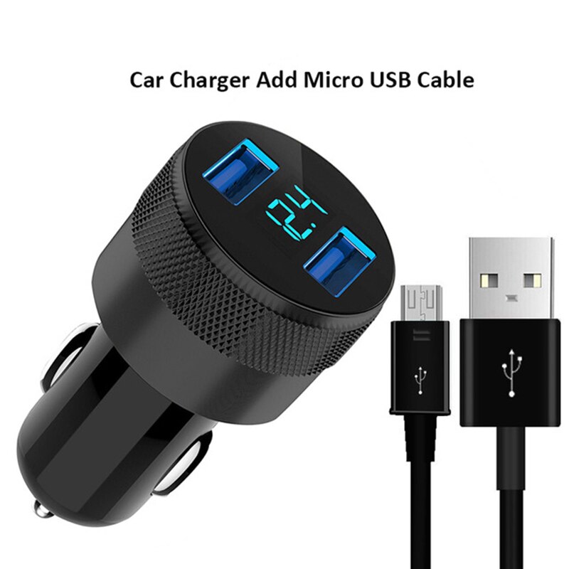 Digitales kfz-ladegerät mit 2 a usb-anschlüssen, led-anzeige und dual-usb-  qc3.0- schnellladeadapter für samsung  s20 s10 s9 s8 plus und huawei  p40 p30: Schwarzes mikro hinzufügen