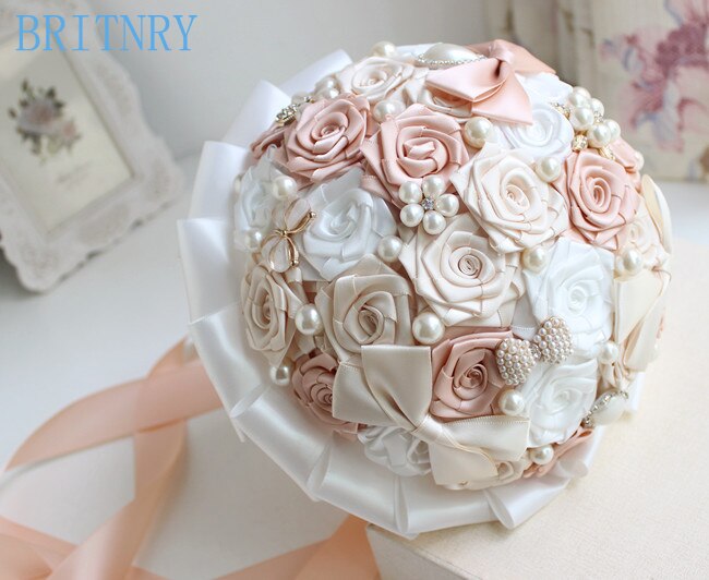 BRITNRY Crystal met Parels Bruid Boeket Satijn Rozen Bruidsmeisje Boeket edding Bloemen Bruidsboeket