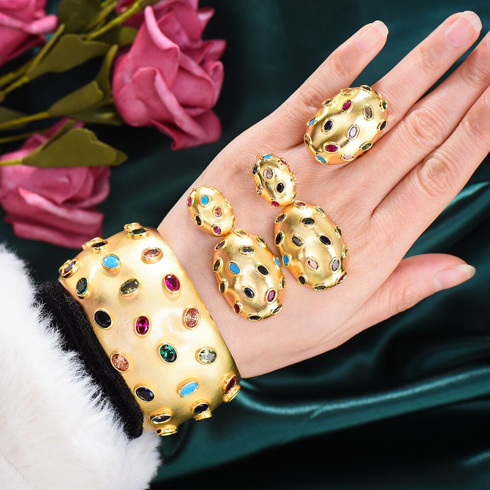 Godki Charms 3Pc Armband Ring Oorbel Set Voor Vrouwen Wedding Bridal Cubic Zirkoon Dubai Party Bruiloft Sieraden Boho