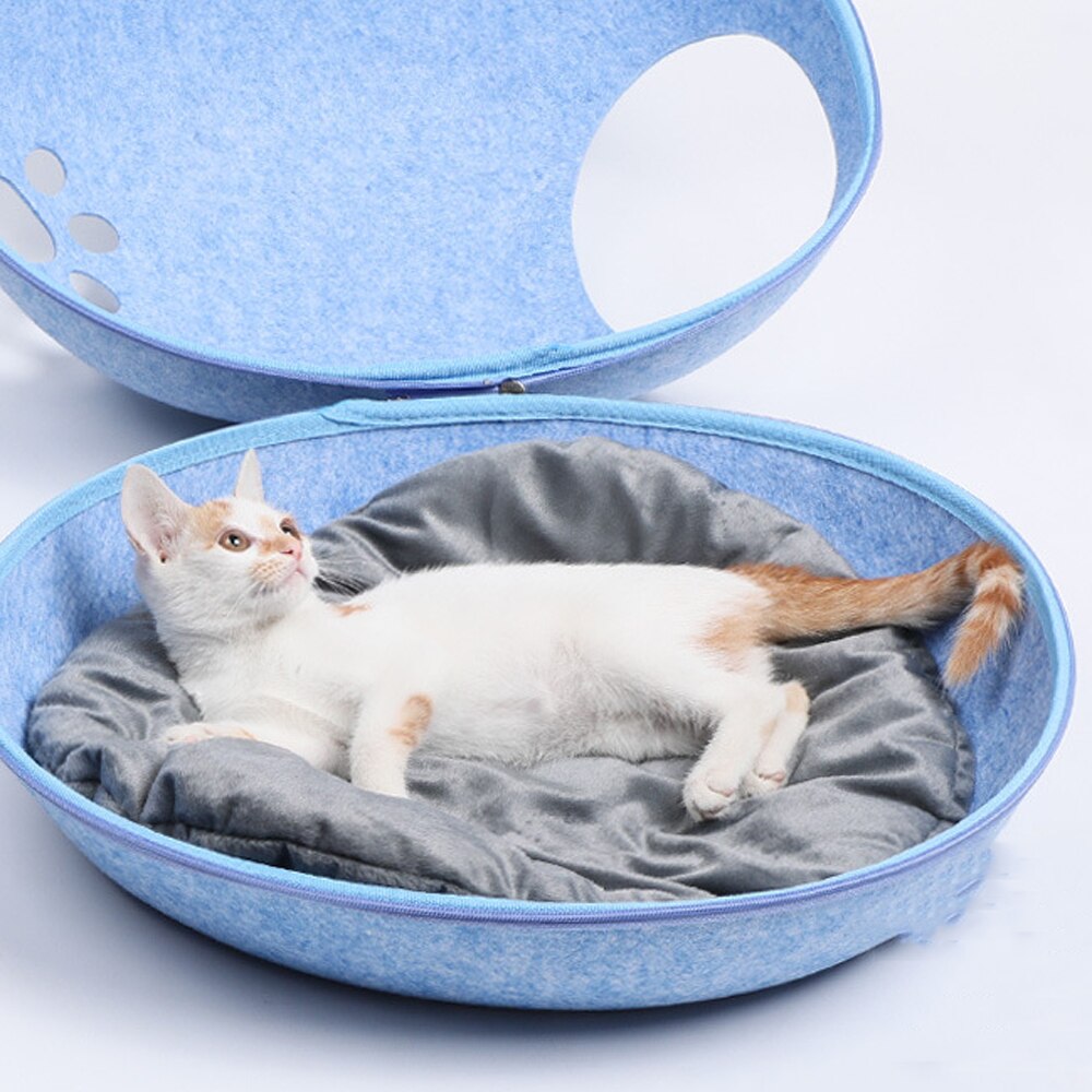 Cama desmontable de concha de huevo para gato, saco de dormir de fieltro Natural con cojín de nido, suave y transpirable esterilla, cueva semicerrada para mascotas