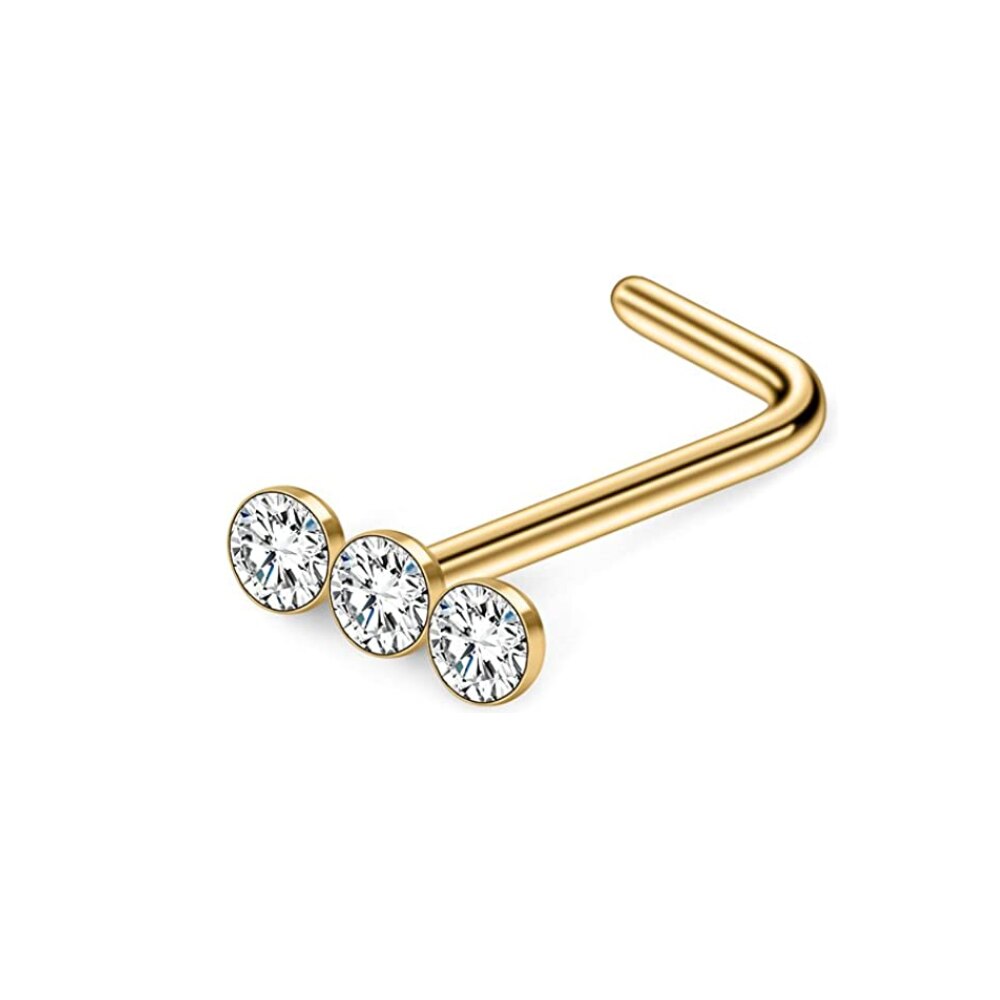 Piercing de acero quirúrgico, 3 piezas, 20G, Bola de Gema lineal Triple, Diamante redondo, CZ, para nariz, joyería en forma de L