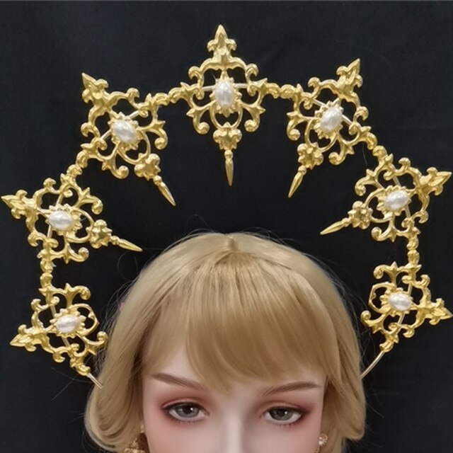 Lolita-tocados de corona KC de la Virgen María, alas de Ángel de Rosa Blanca gótica, cadena de cuentas, accesorios para el cabello, Tiara barroca: 2