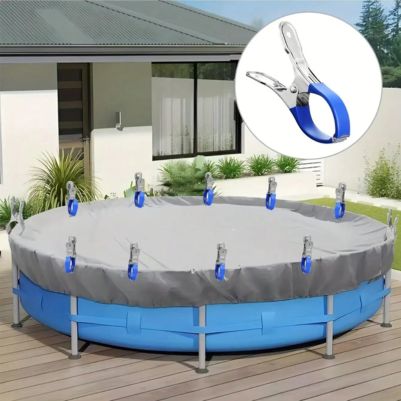 Clips de couverture de piscine durables en acier inoxydable, 6 pièces, avec poignées en plastique bleu, Clips à ressort coupe-vent robustes pour sécuriser au-dessus