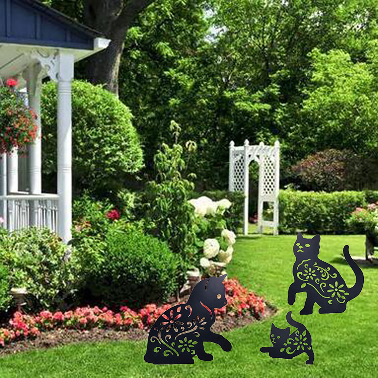 Statue en métal 2D en forme de chat, accessoires de décoration de jardin, insertion au sol, creux, décoration de pelouse extérieure