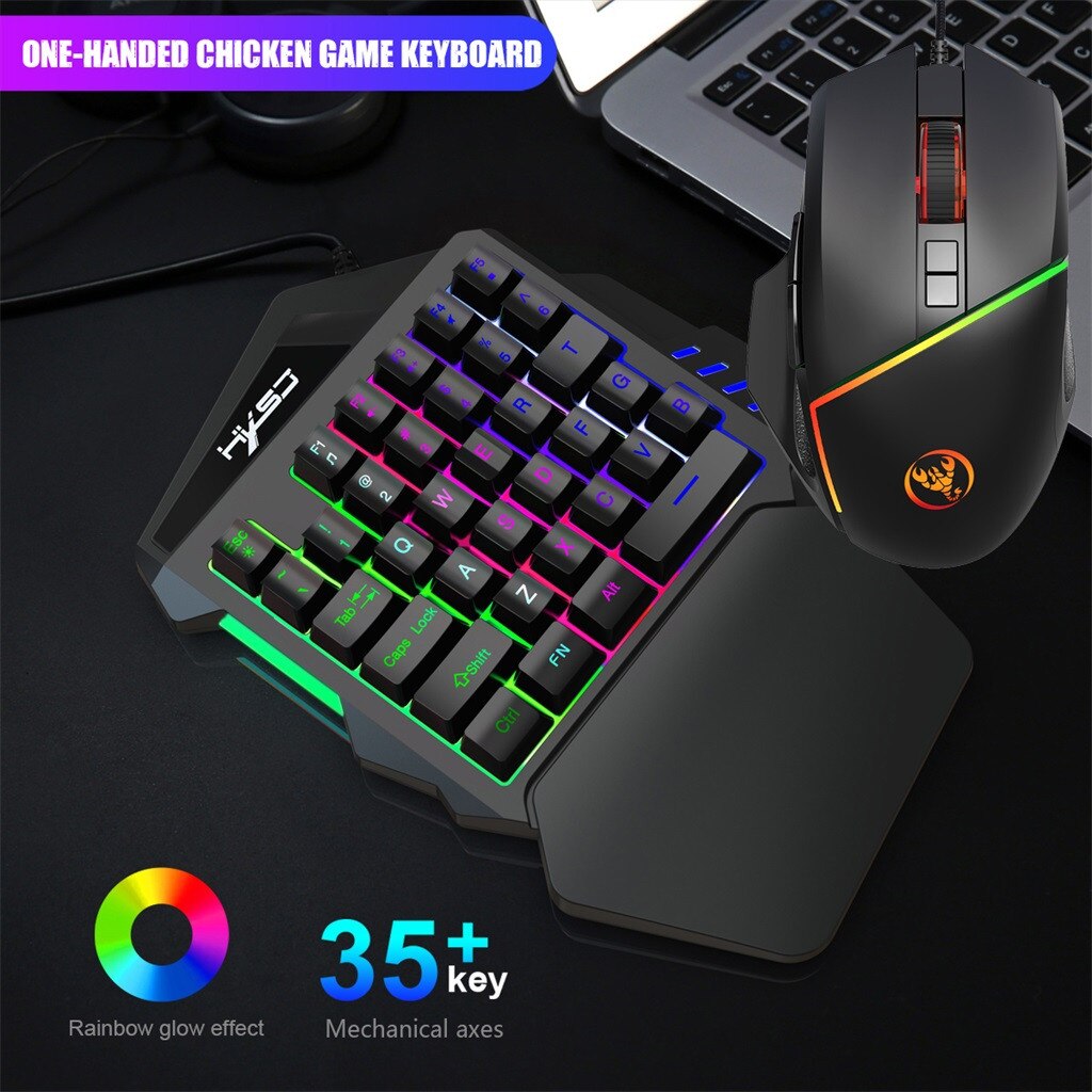 HXSJ-Juego de teclado y ratón con cable, , USB, 7 colores, luz de respiración, Mini 35 teclas, 8 botones, V100 + A876