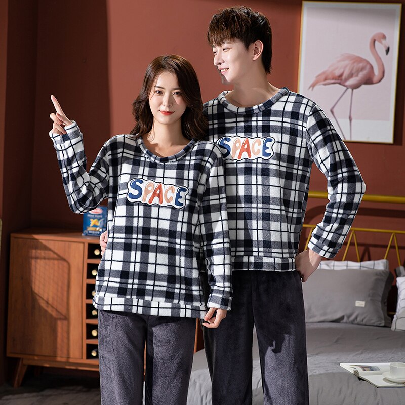 Couple Pajamas Sets Winter Flannel Sleepwear Men Home Pyjamas Loose Elastic Warm Coral Fleece Lovers Tracksuit One Set