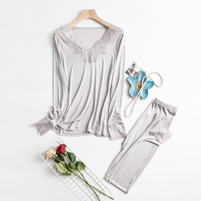 Women Autumn Winter Silk Long Johns Lace V neck Solid Knitted Thermal Underwear: Gray / L