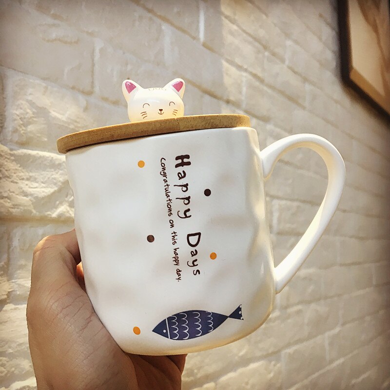 Japansk stil sød enkel tegneserie kat og fisk mærke keramisk krus med ske & dæk sæt morgenmælk krus: Design b