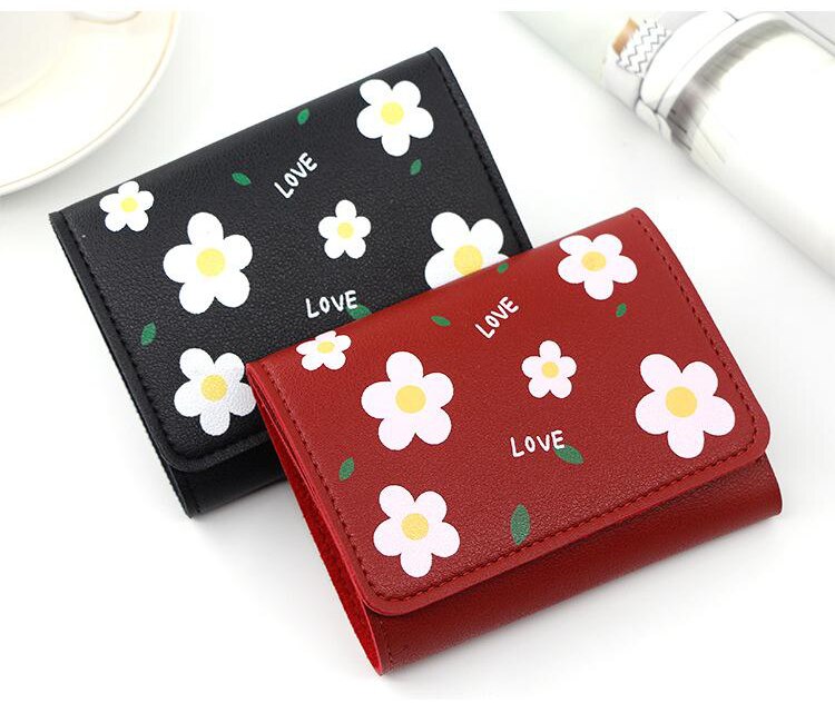 Japanese Mini Wallet Female Small Ultra-thin Cute Floral Tri-fold Leather Coin Purse Simple Short Student Mini Card Holder