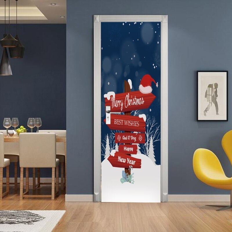 2pcs/set 3D Merry Christmas Sign Decorative Door Sticker Waterproof Self Adhesive Wallpaper Wall Mural Decal