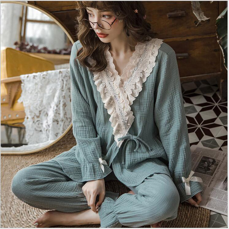Ammende pyjamas i bomuld med v-hals se pyjamas til kvinders sæt tynd top + lange pyjamas løse nattøjsdragter  x079: Grøn / M