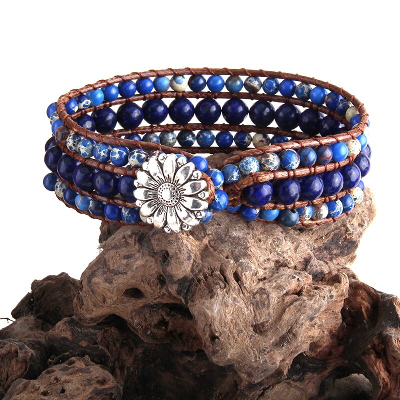 Rh boho armbånd smykker farverige natursten venskab beaded wrap armbånd: Mørkeblå