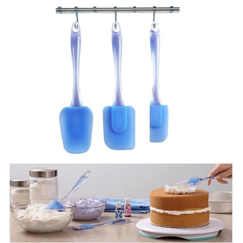 Silicone Spatula Easy Flexible Heat Resistant Small Chef Plastic Silicone Rubber Scraper Spatula，3-Piece Set(Transparent Blue)