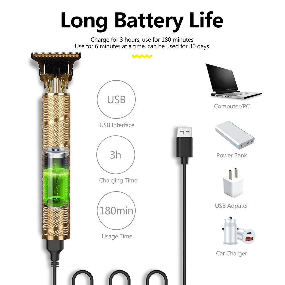 2022 USB Rechargeable T-shaped Bald Hair Trimmer Electric Clipper Cordless Shaver Beard for Men Barber Cutting Machine T9LCD