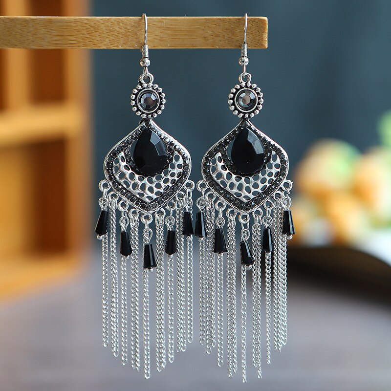 Bohemian Long Tassel Earrings 2022 Trend Water Alloy Crystal Beads Women Vintage Rhinestone Chain Earrings: E1969Black