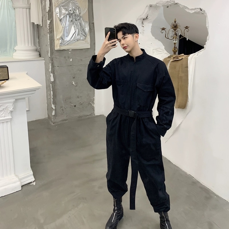 Multi-pocket Jumpsuit Mens Hip Hop One Piece Overalls Spring Autumn Youth Casual Tooling Long Sleeved Trousers