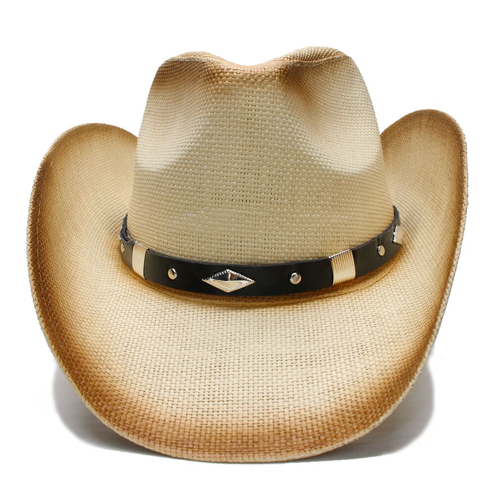 Retrostil dam herr sommar halm bred brätte strand cowboy western cowgirl fedora hatt diamantform läderband 58cm
