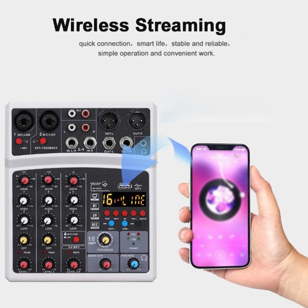 Tragbares Mini-Audio--dj-Rührgerät-pult mit 4- kanälen, soundkarte, usb , 48v und phantomspeisung für pc-aufnahmen, gesang, webcasts und partys