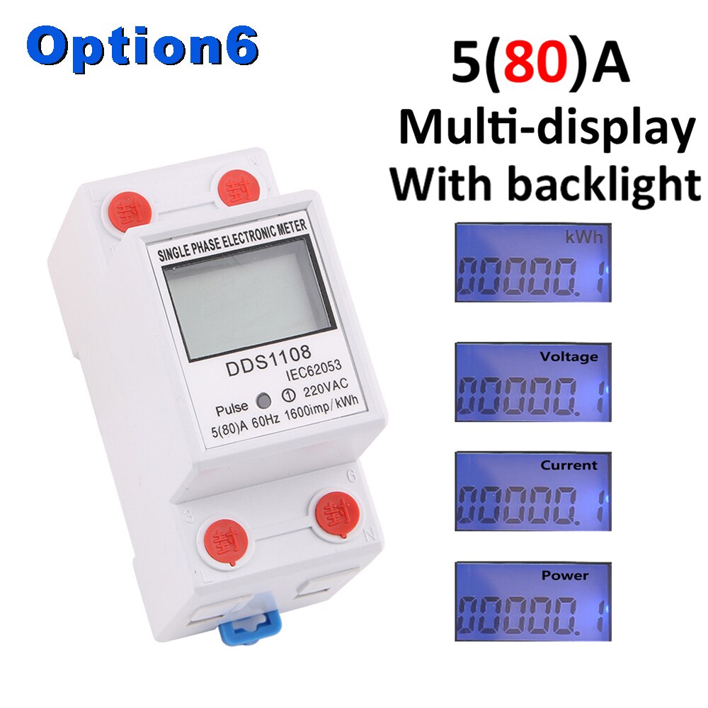 1PC Din Rail Single Phase LCD Digital Display 60A 80A Wattmeter Power Consumption Energy Electric Meter kWh AC230V 50/60Hz: 5-80A muti light