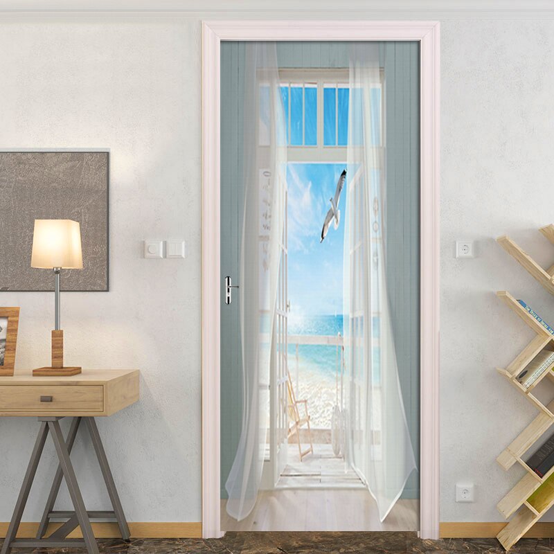 Removable Door Stickers Nature 3D Seascape Wallpaper Waterproof Living Room Bedroom Door 3D Wallpaper Self Adhesive Wall Decal