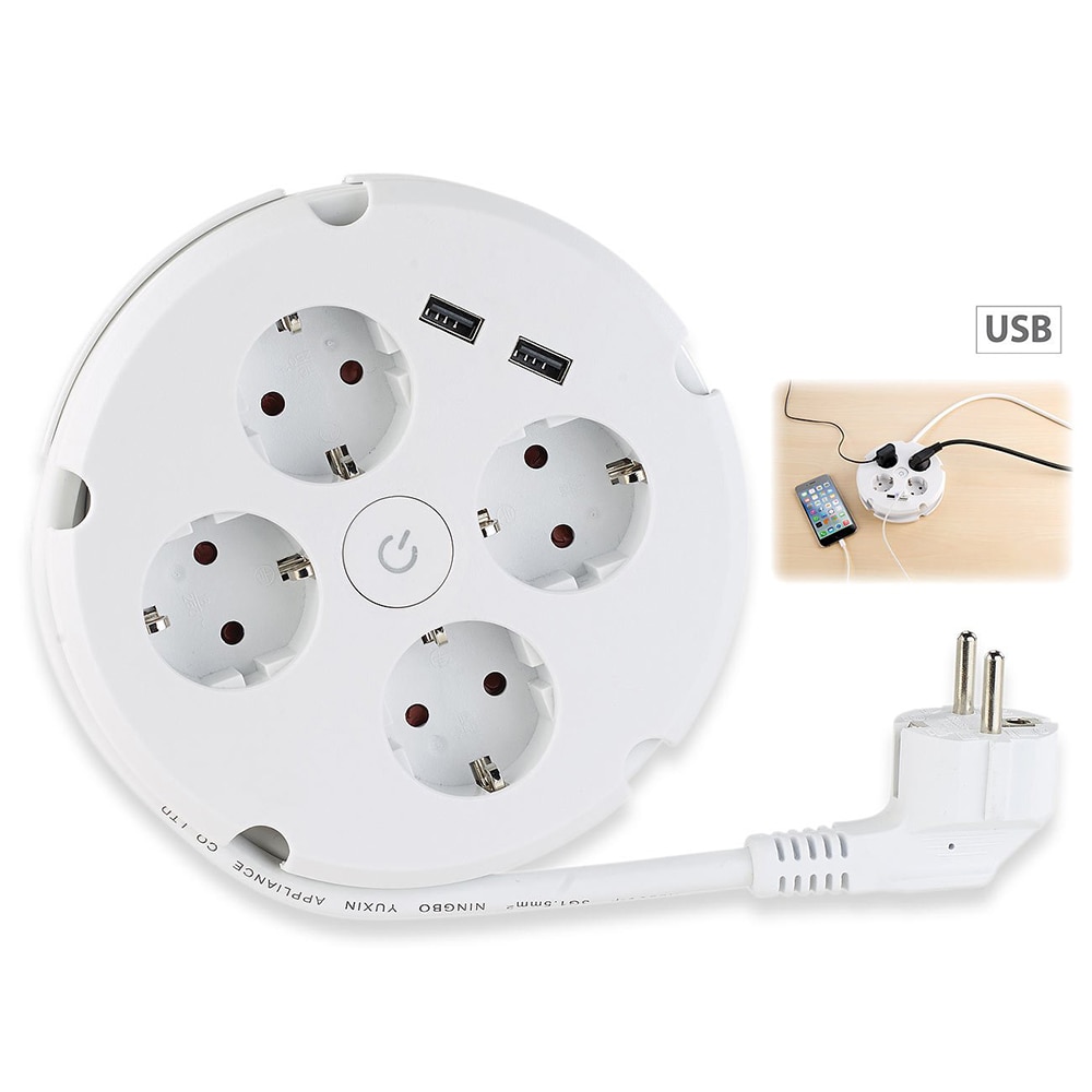 Multiple Power Strip Electric Sockets 4 way Round 2 USB Charger Switch Outlets Illuminated Wall Mounting Circular Roll-up Cable