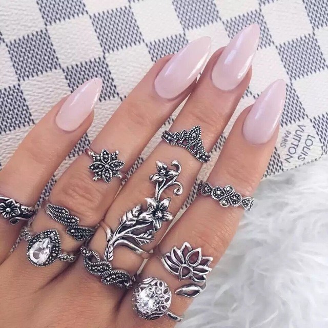 Bague Femme Vintage Ringen voor Vrouwen Boho Geometrische Bloem Crystal Knuckle Ring Set Bohemian Midi Vinger Sieraden Zilveren Kleur: Set12 Flower Lotus