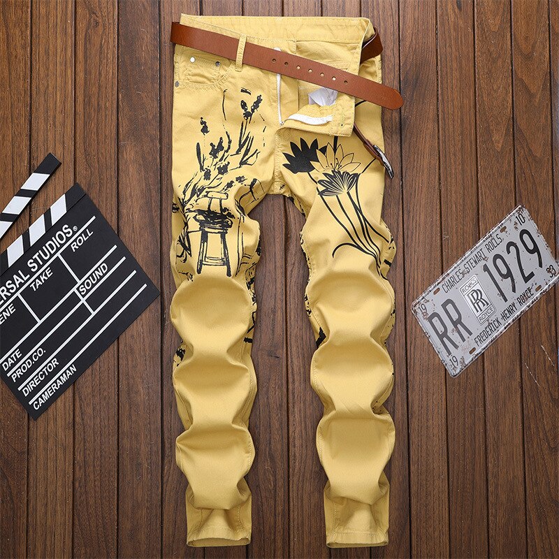 Print Casual Jeans Pants Men Slim Fit Denim Pant Jean Joggers Men Hip Hop Streetwear Trousers Clothing Khaki WA112