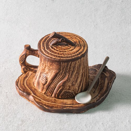 Handmade stoneware coffee mugs cup household coffee mugs with handles retro art garland cup Japanese tree stump-shape: 1