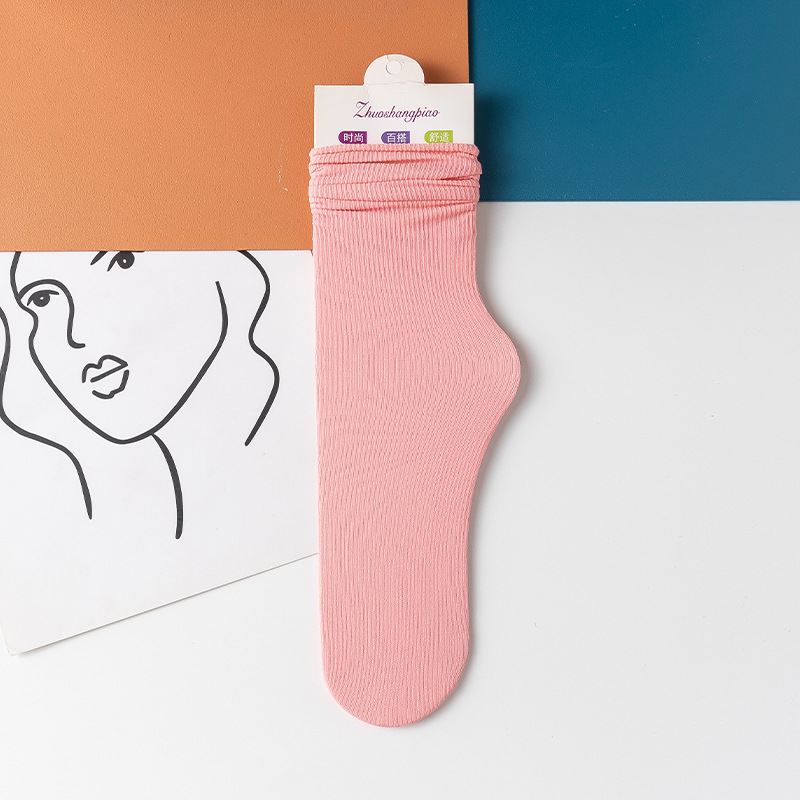 Multicolor Solid Color Ice Silk Velvet Mid Tube Socks Women Summer Soft Thin Rolled Edge Crew Socks Japanese Casual Long Socks