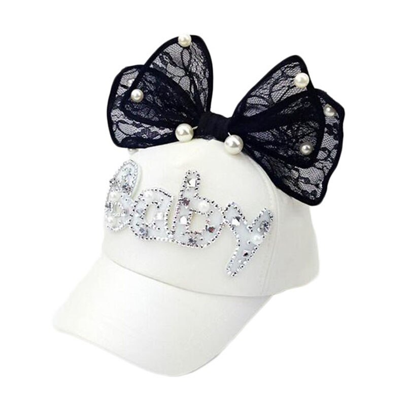 Cute Big Bow Girls Snapback Baseball Cap Children Mesh Hat Spring Summer Adjustable Snapback Casquette Kids Baby Pearl: white