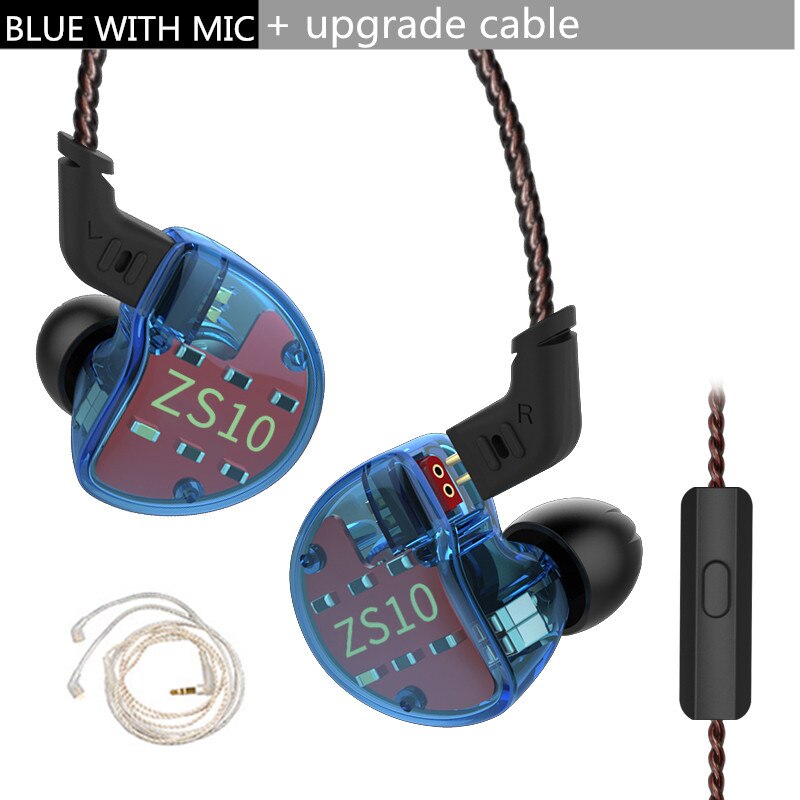 KZ ZS10 4BA+1DD Hybrid In Ear Earphone HiFi Earphone Earplug Headset Earbud Noise Cancelling DJ Earphone AS10 ZST: blue  mic. silver