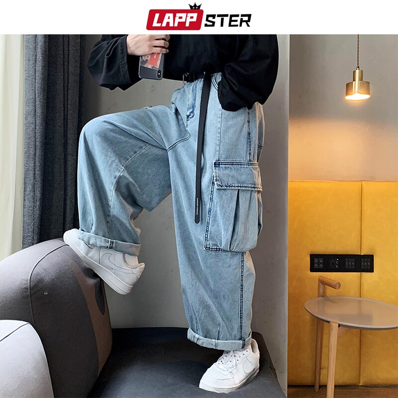 Lappster mænd sorte baggy jeans store lommer kpop hip hop harem bukser højtaljede vintage oversized denim bukser plus str.