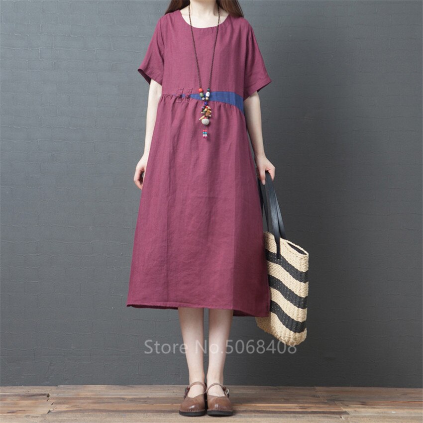 De manga corta verano las mujeres vestido de lino de algodón o-Cuello Vintage tradicional de talla grande de vacaciones Casual Midi vestido túnica