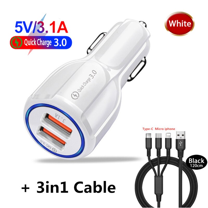Snel Opladen 5V 3.1A 3.0 2 Port Usb Car Charger Qc 3.0 9V 12V Autolader Snel laadstroom Mobiele Telefoon Travel Adapter Xedain: White and 3in1 Cable