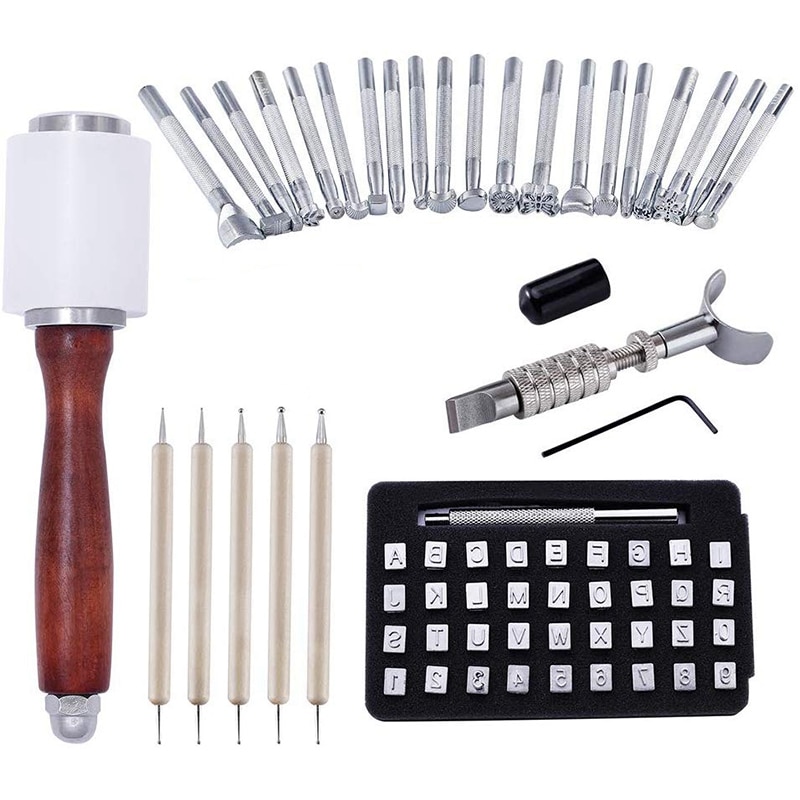 Kit Outils Gaufrage Cuir Movospeed 27 Pièces - Tampons, Marteau, Couteau - DIY Maroquinerie