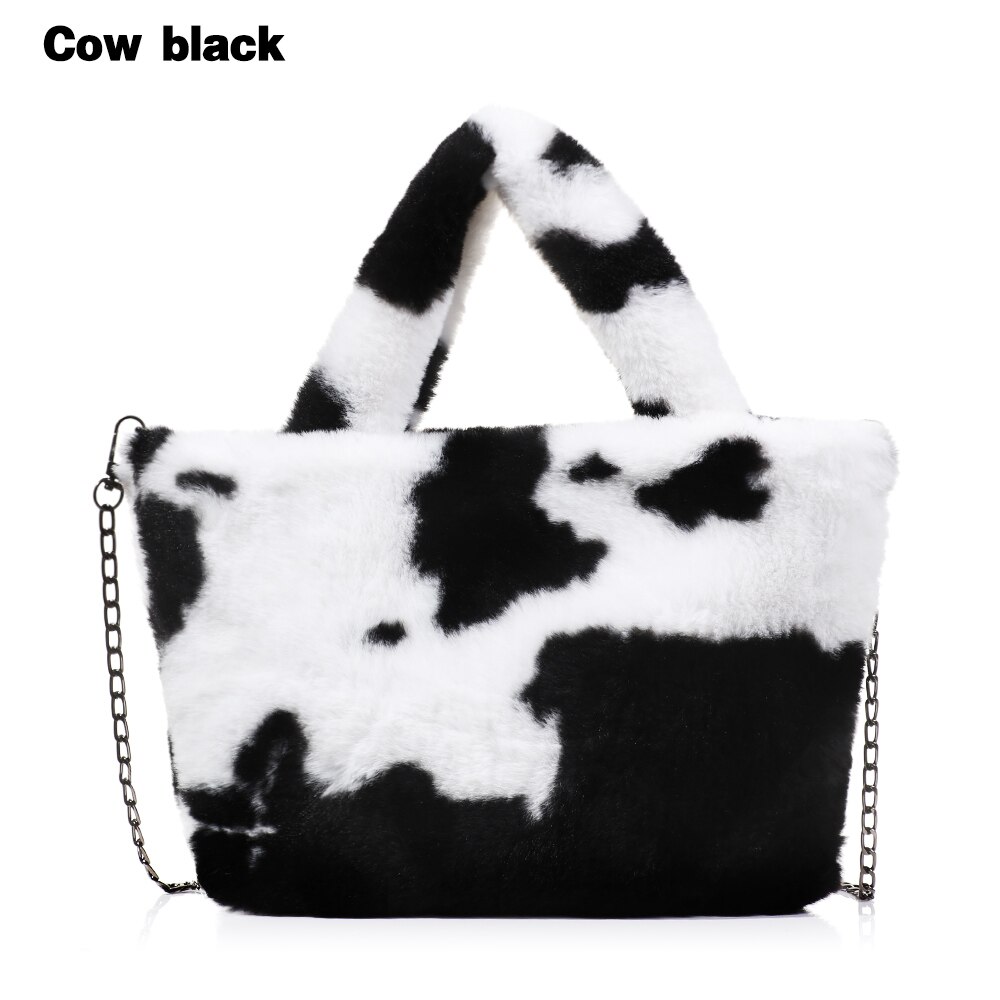 Bolso de hombro esponjoso de alta capacidad para mujer, de leopardo estampado de cebra, bolsas para las axilas con patrón de corazón de amor, bolsas de mano de piel cálida de felpa suave: Cow black