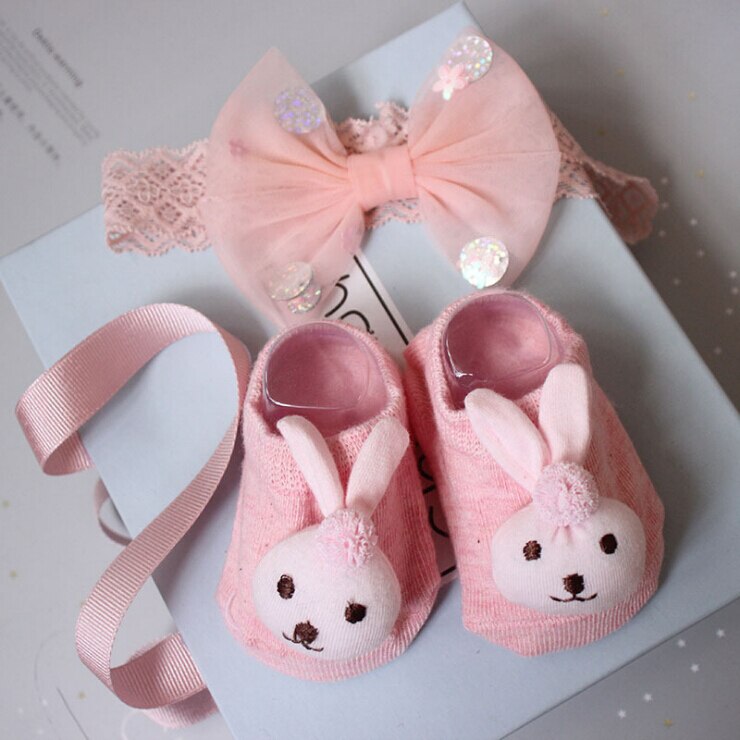 Lovely Baby Girl Socks and Headband Set Flower Bowknot Crown Headwrap + Booties Socks 2Pcs Set