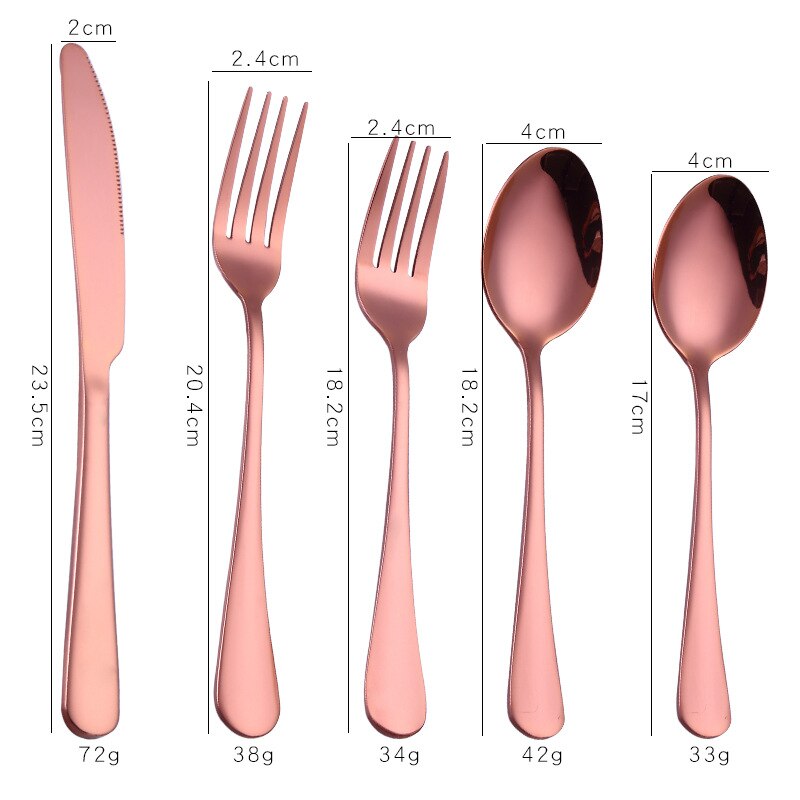 5 st set, färgglada bestick i rostfritt stål, svart bestick set, gafflar och skedar biff kniv set, middag cultery, matservering: Rödguld 5 st