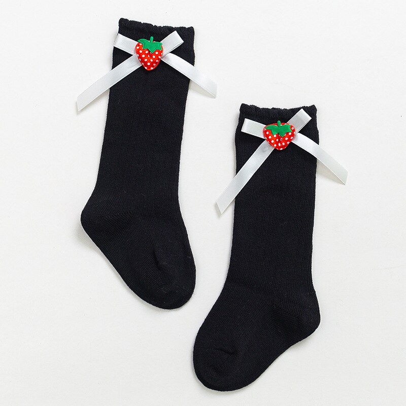 Calcetines largos hasta la rodilla con lazos para bebé, de algodón, Color liso, para primavera y otoño: black