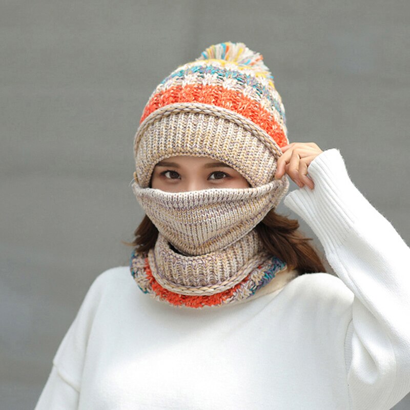 Ungdom vinter tykk pluss kashmir varme masker lue skjerf høst vinter kvinners strikke lue ull ball dekke øre krage tre sett