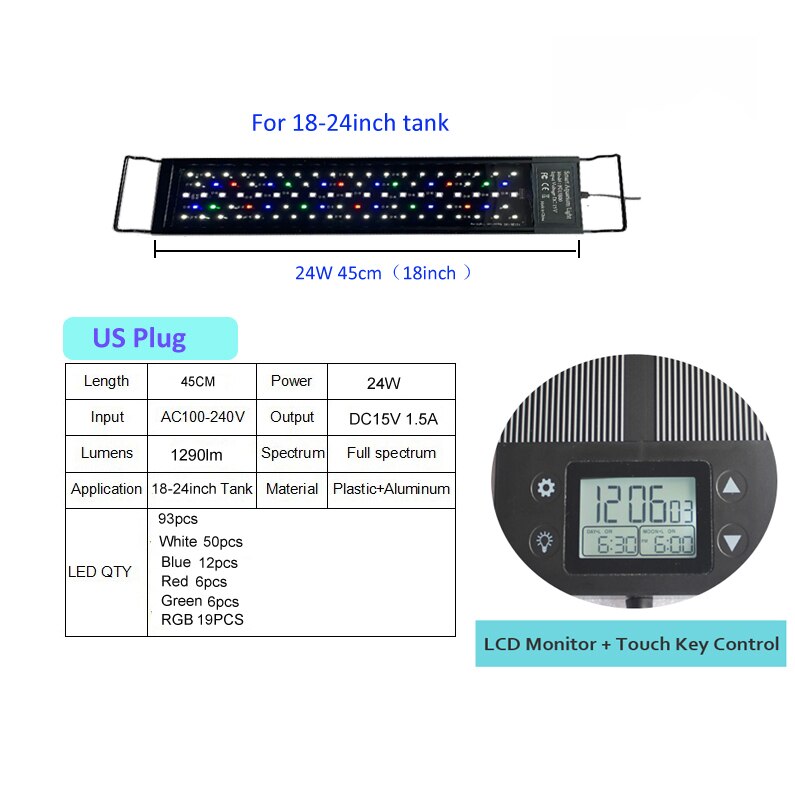 12inch-18-24inch Waterdichte Programma 8 Kleuren Auto On Off Volledige Spectrum Led Aquarium Lichtpunt Voor Zoetwater Geplant Tank: 24W 18inch C138 US