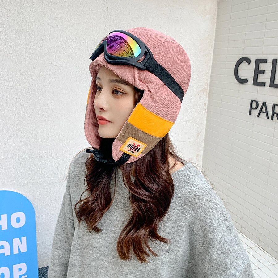 Yqyxcy russische hoed dames winter bomber hoeden met bril gehoorbescherming dikke warme muts gorras russische pet sneeuw gorros: Roze