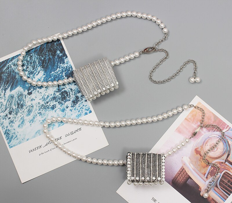 Silber Schwarz PVC Strass Taille Packungen Frauen Perle Kette Taille Gürtel Mit Münze Tasche Nette Mini Frauen Straße Perle Randbereich taille Tasche