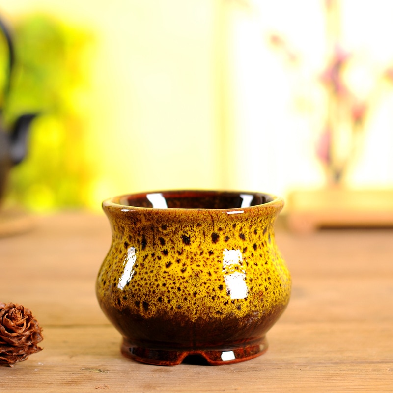 Kinesisk stil flekkete blomsterpotte bonsaipotter i porselen for sukkulentplanter dekorative planter i keramisk blomsterpotte for hjem og hage: Gul