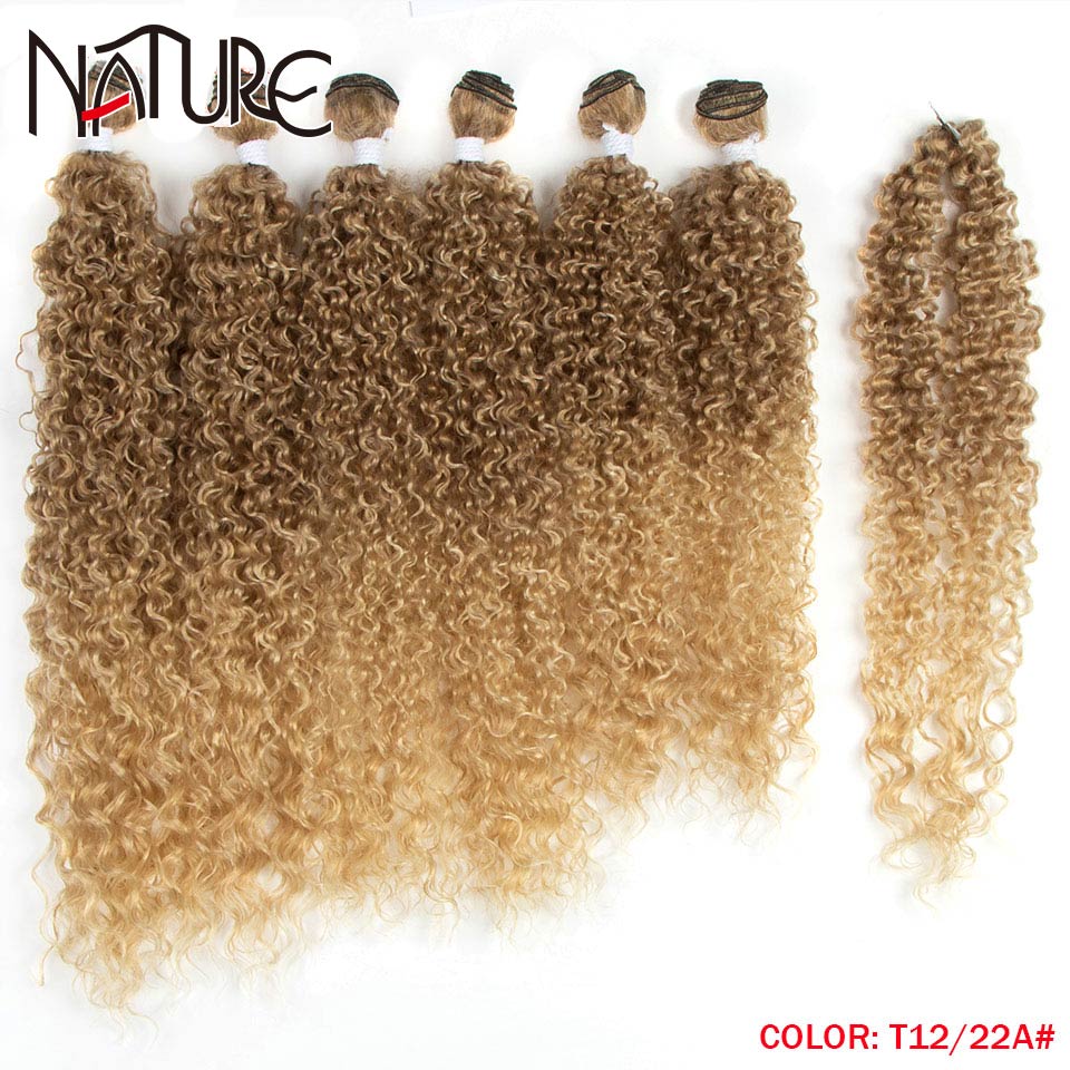 Natura czarne włosy wiązki afro perwersyjne kręstożek włosy syntetyczne rozszerzenia 7 sztuk 22-26 cal Ombre brązowe włosy wyplata wiązki kręstożek włosy: T12-22A