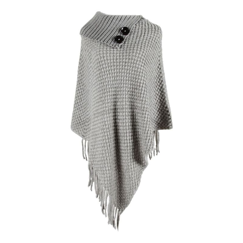 Women Knitted Pullover Sweater Top Half Opened Collar Buttons Warm Shawl Wrap Fringe Tassels Hem Solid Color Poncho Cape: Gray