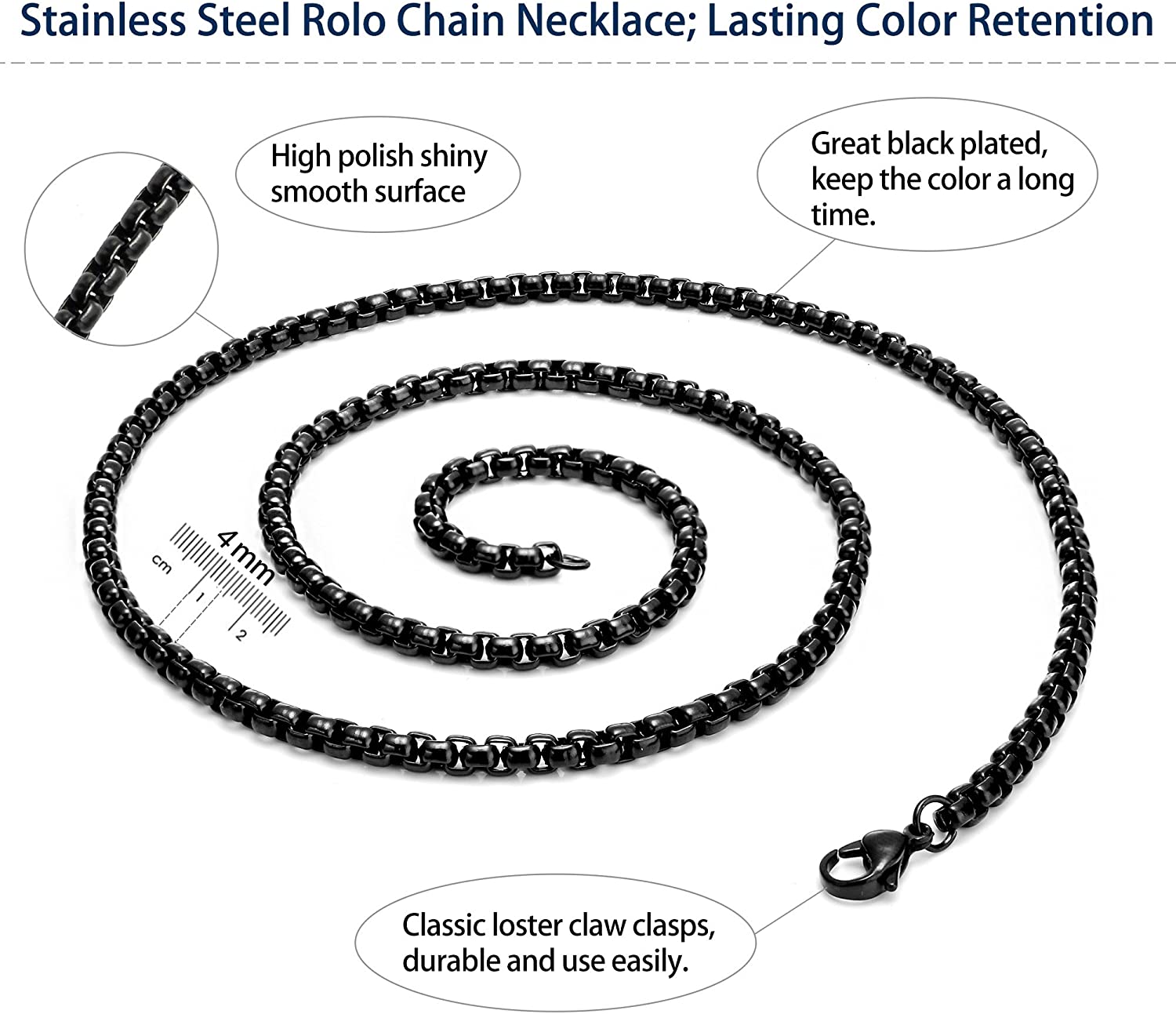 2MM 2.5MM 3MM 4MM Black Box Necklaces Stainless Steel Rolo Cable Chain For Men Women USENSET