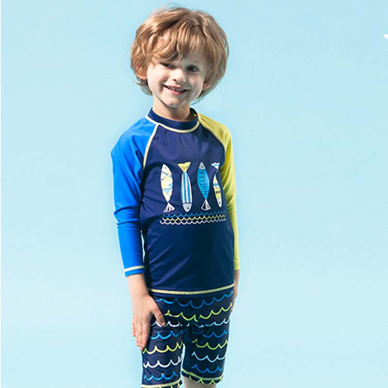 2-10Y Kids Swimwear Children Boys Beach Rash Guards 3Pcs Baby Boy Cartoon Long Sleeve Sunscreen Quick-drying Swimsuit Bathsuit